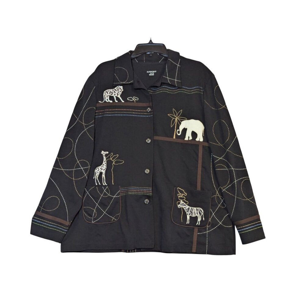 Allison Daley Womens XL Black Jungle Safari Button-Up Jacket With Embroidery Poc